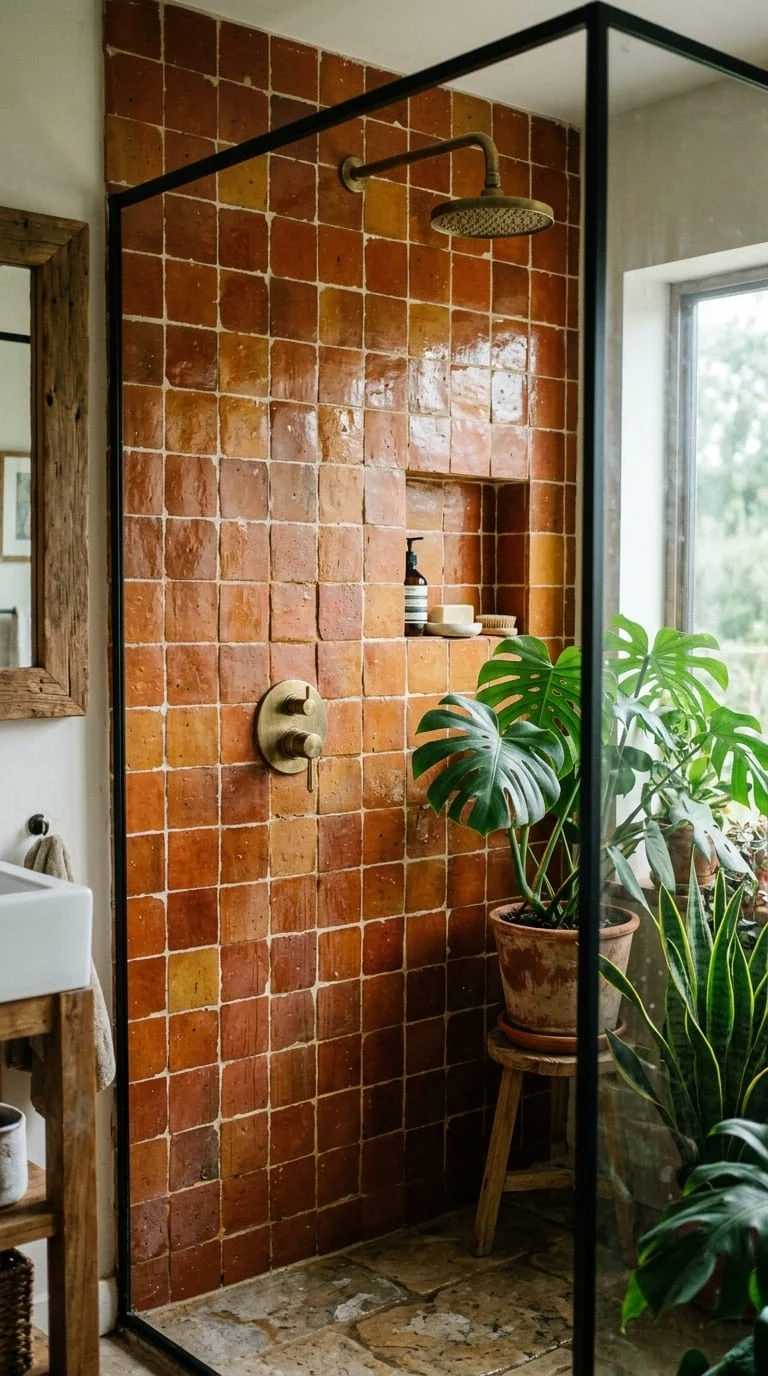 Shower wall in glossy orange square tiles with varied warm tones and irregular edges
