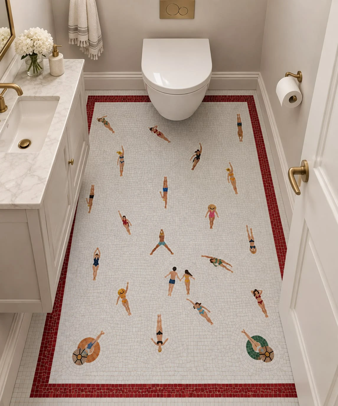 Pale bathroom mosaic floor decorated with colourful swimmers and framed by a red tile border