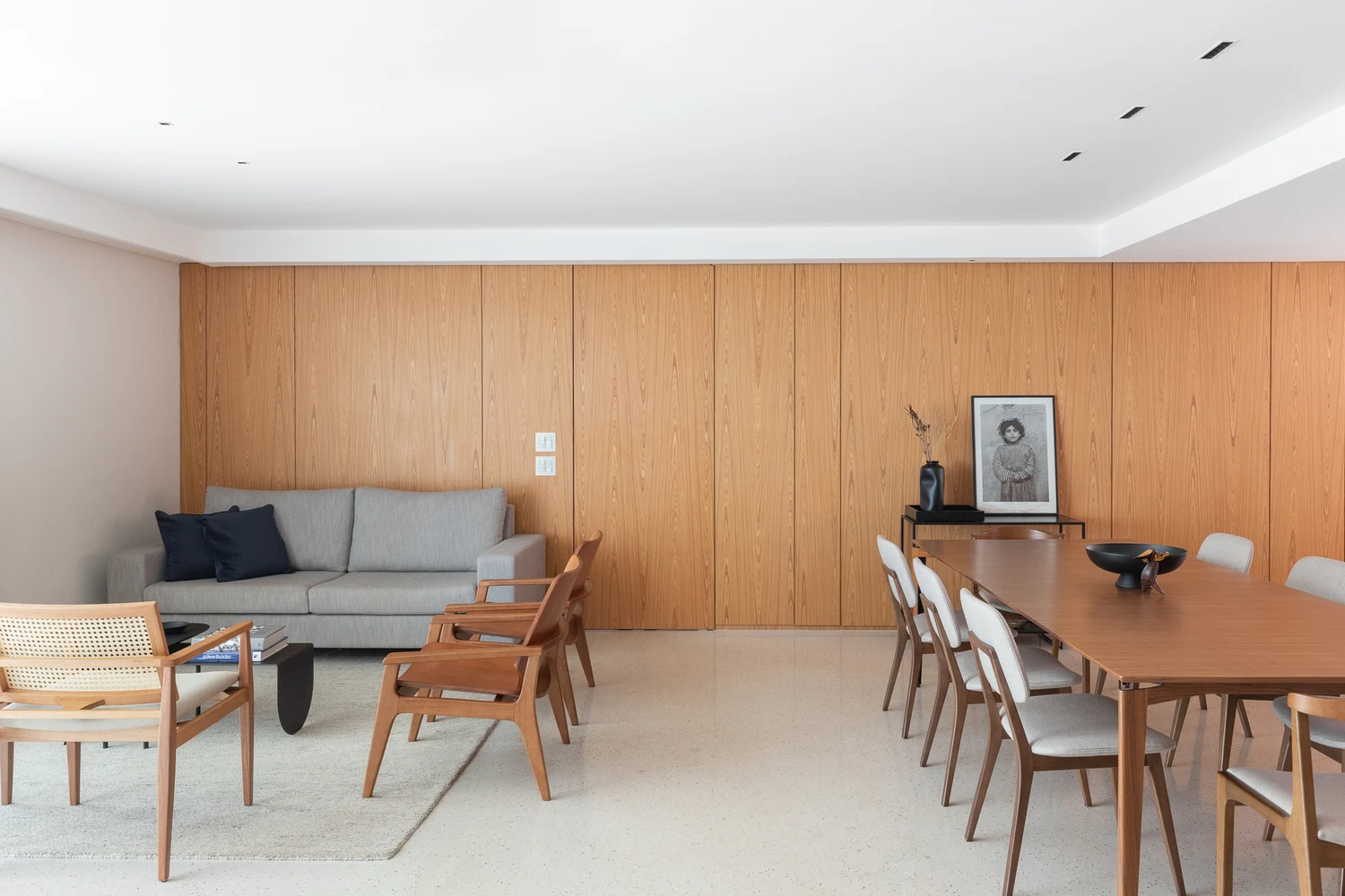 Continuous full-height timber-panelled frontage stretching along the wall behind a living and dining area
